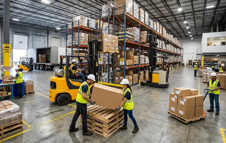 Personal de bodega manipulando cargas y operando montacargas en un centro de distribución