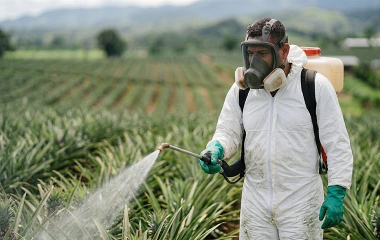 Persona trabajadora aplicando plaguicidas con equipo de protección en un cultivo de piña